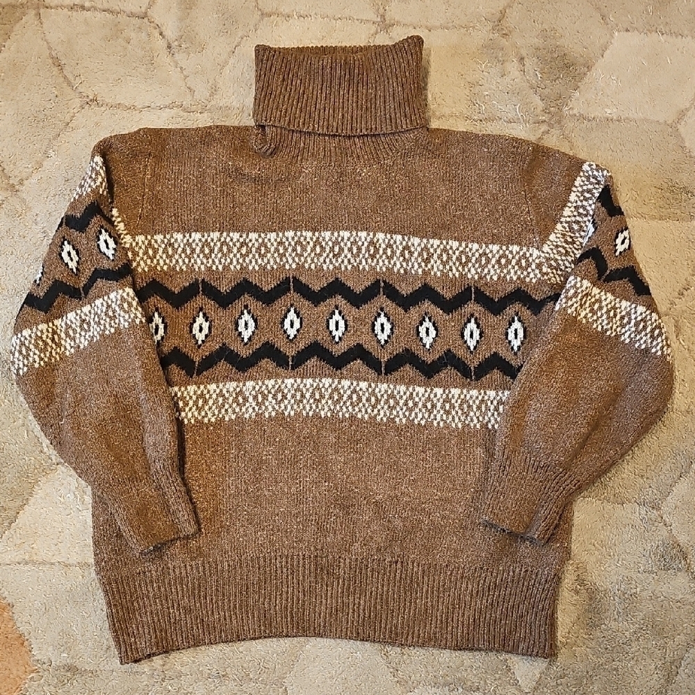 Olive & Oak Tan Turtleneck Sweater with Zigzag Pattern